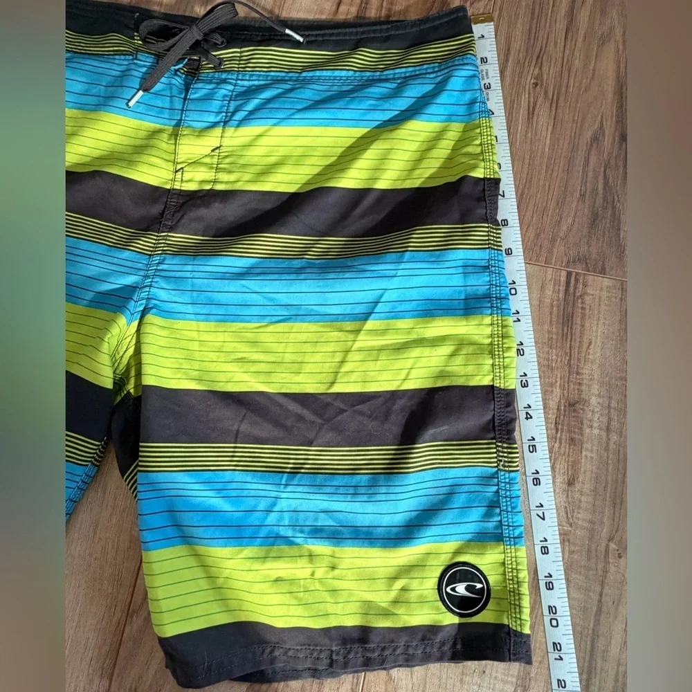 O'Neill Men's Blue and Green Striped Board Shorts Size 38
